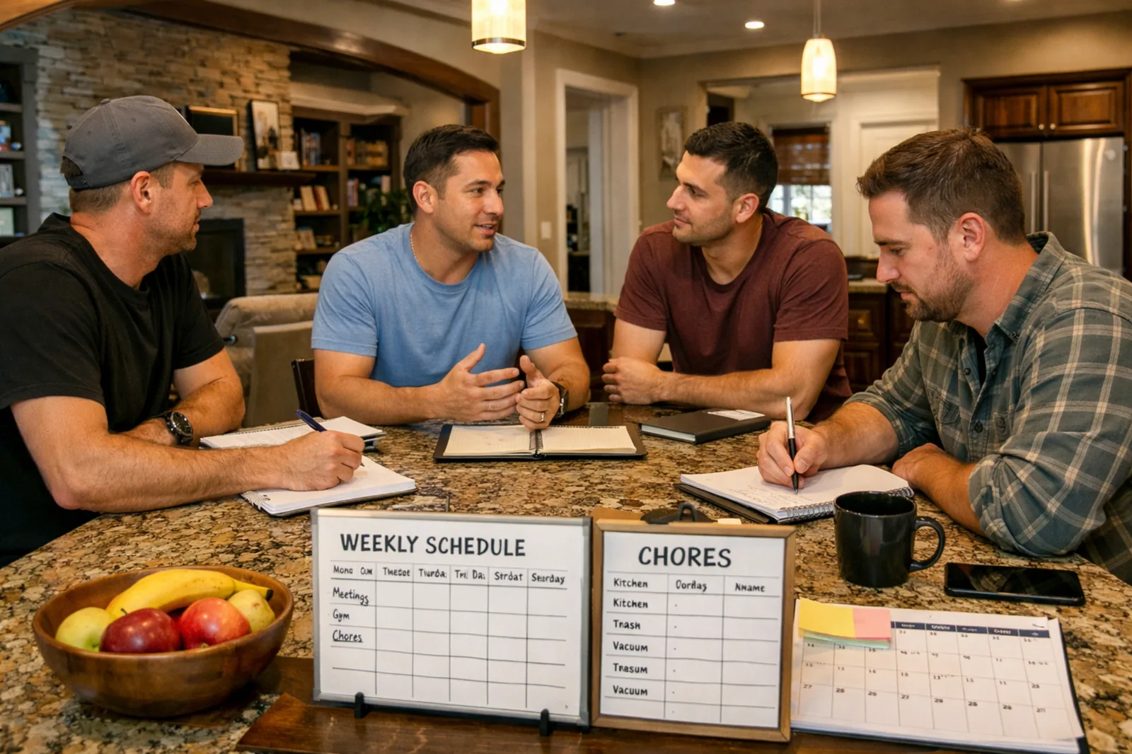 Residents gathered around a kitchen island for a structured house discussion with schedules, chores, and written notes visible.